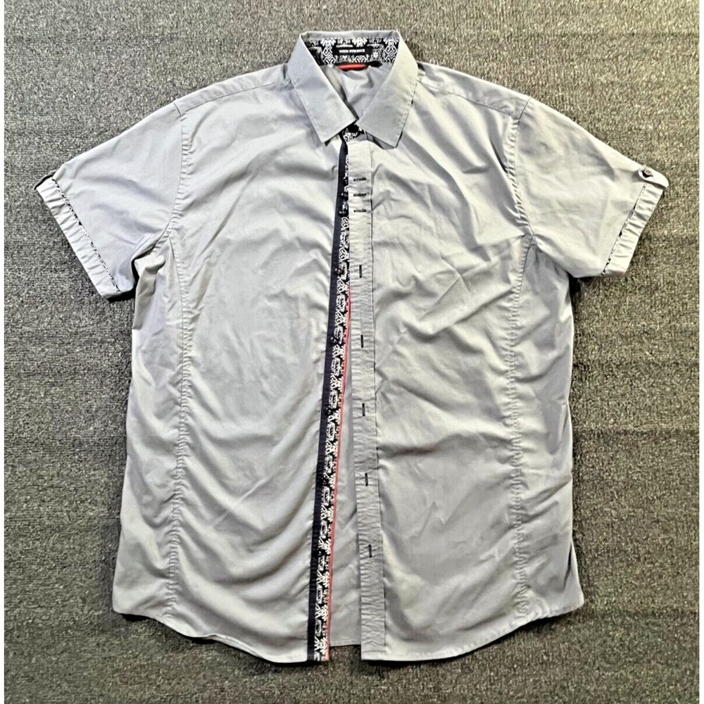 Alex Vando Mens‎ Grey Short Sleeve Button Down Shirt Paisley Trim Stretch Large